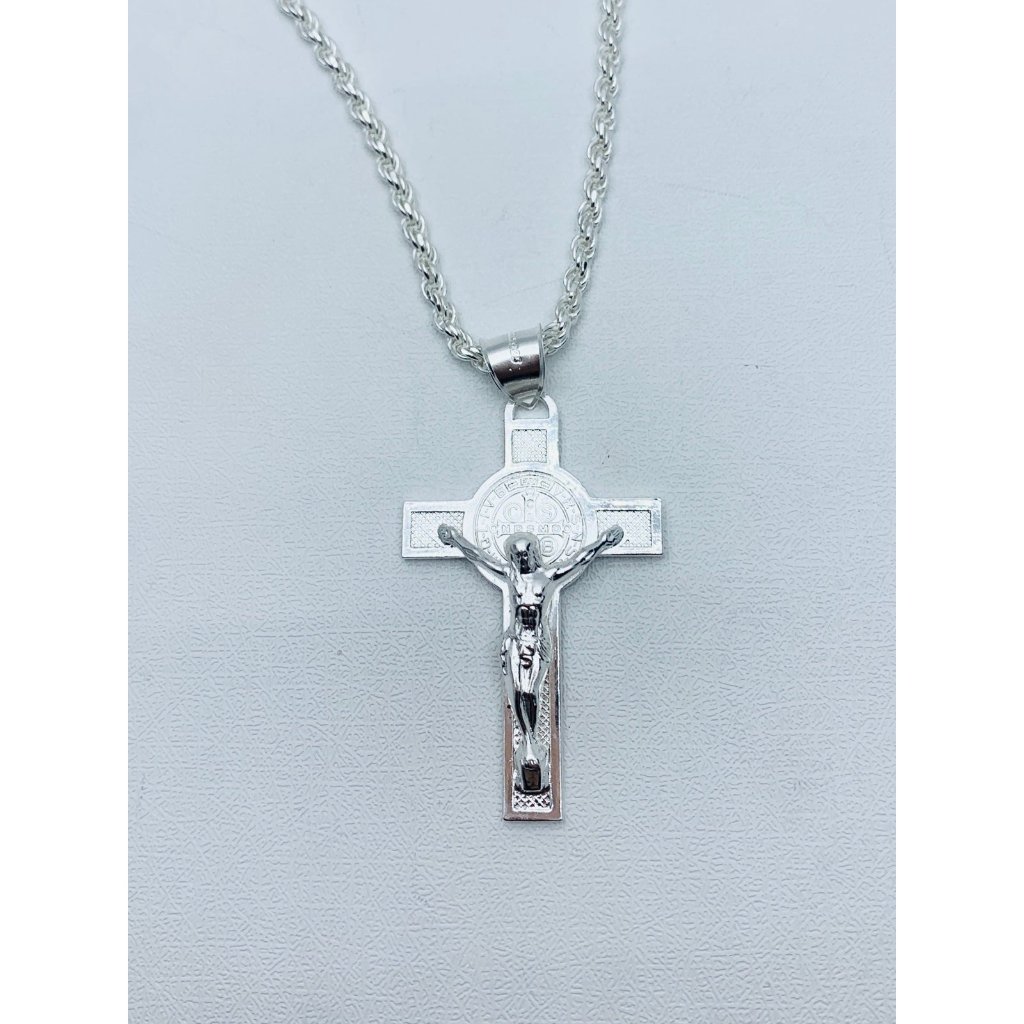 925 Sterling Silver Necklace & Cross Rope 26” Saint Benedict - San Benito